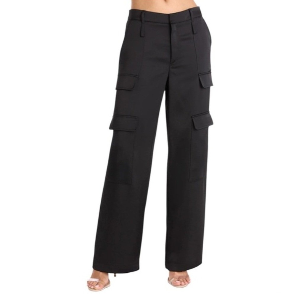 Noli Satin Cargo Black Wiide Leg Pants High Rise Trousers Size 6 Utility